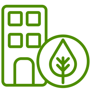 Green building icon with leaf symbol.