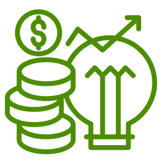 Green financial growth icon with light bulb.